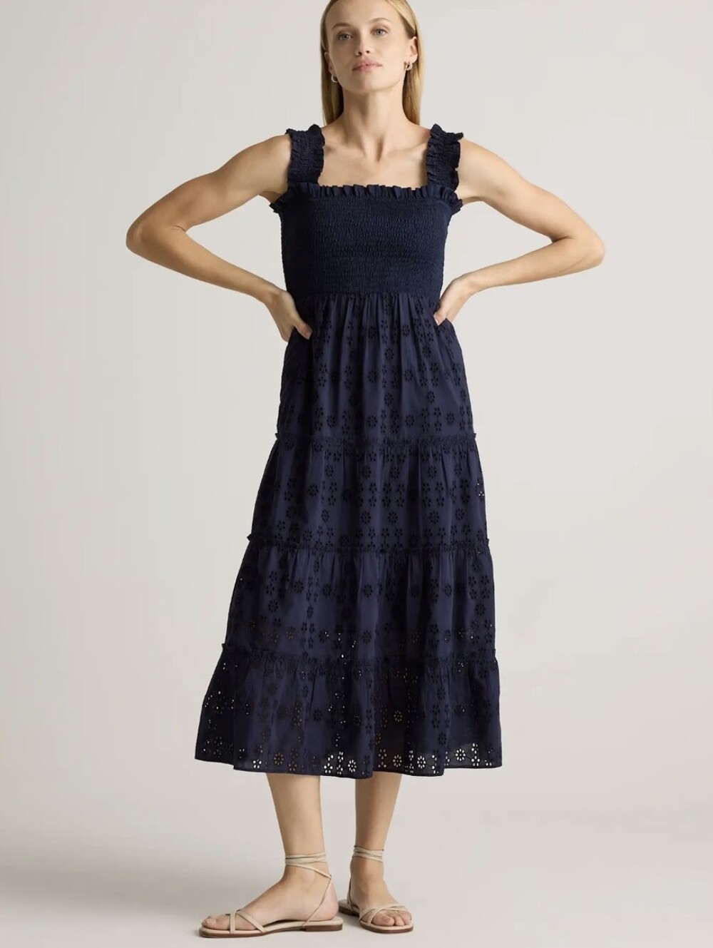 XXS/XS Quince 100% Organic Cotton Eyelet Smocked Navy Blue Lined Midi Dress